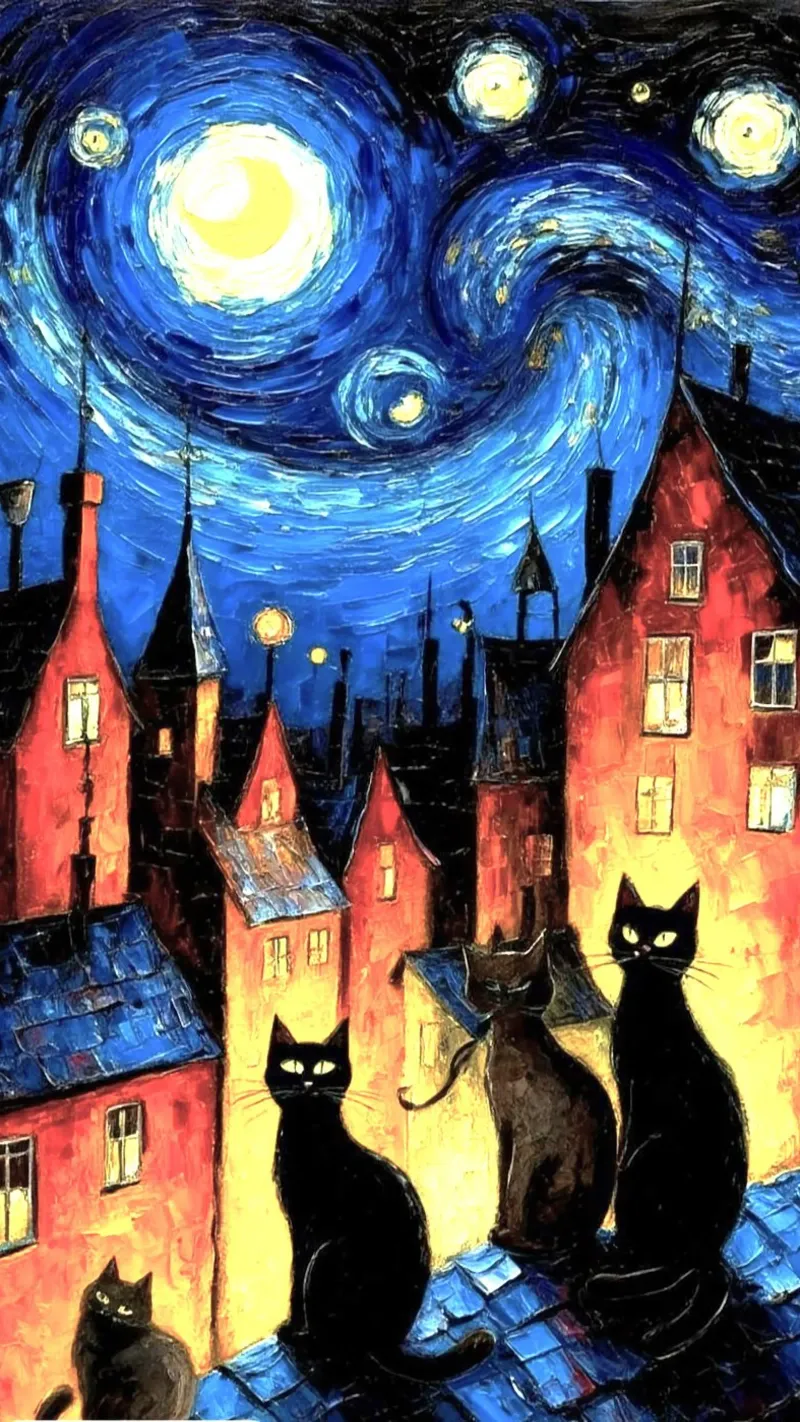 cats in night village poster da melts