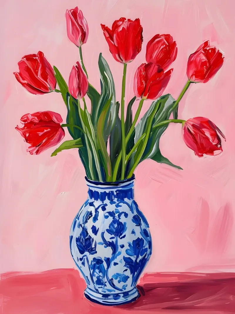 Tulipani rossi in vaso poster con telaio in legno da Yaso Design & Art