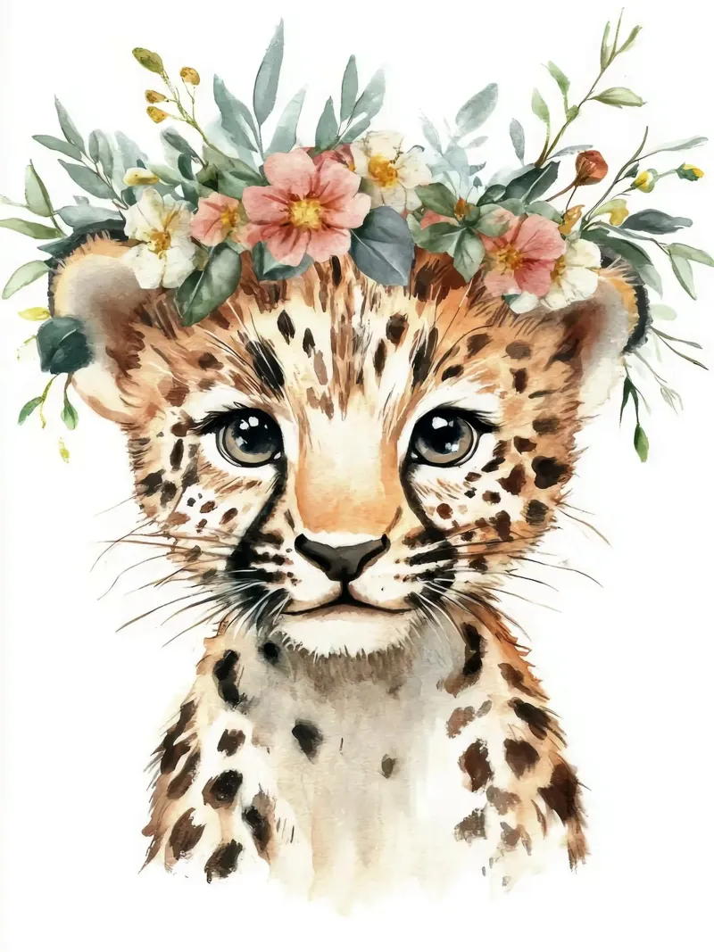 Cucciolo di leopardo con corona floreale poster con telaio in legno da Eldon S Kiser