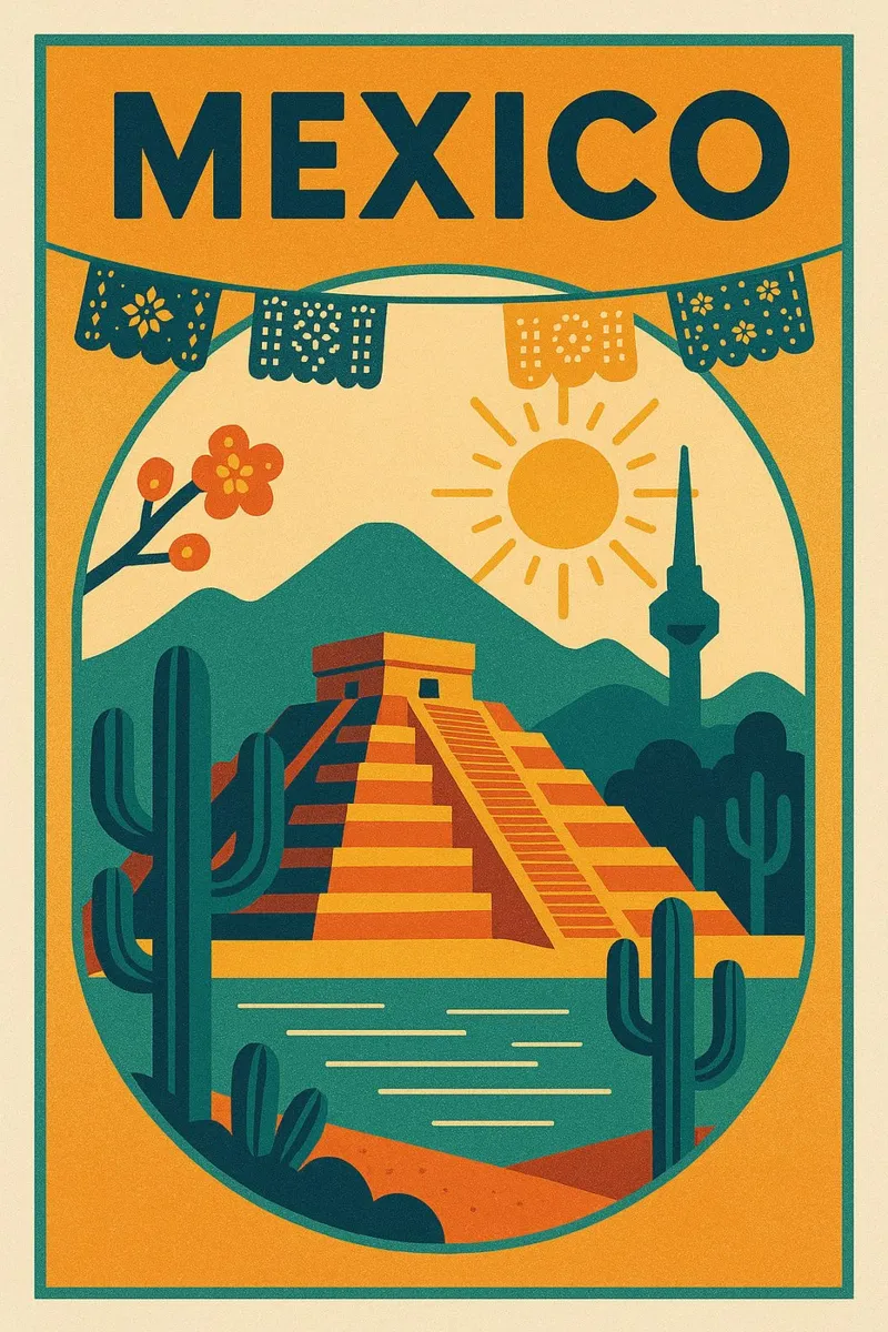 Poster del Messico - Poster retrò della piramide Maya poster con telaio in plastica da JETLAG | affiches voyage