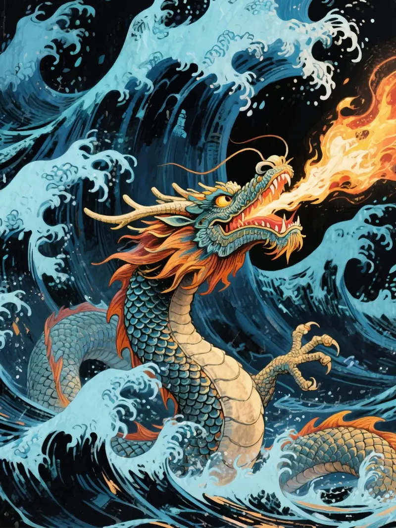 dragon ocean waves poster con telaio in alluminio da knowledge