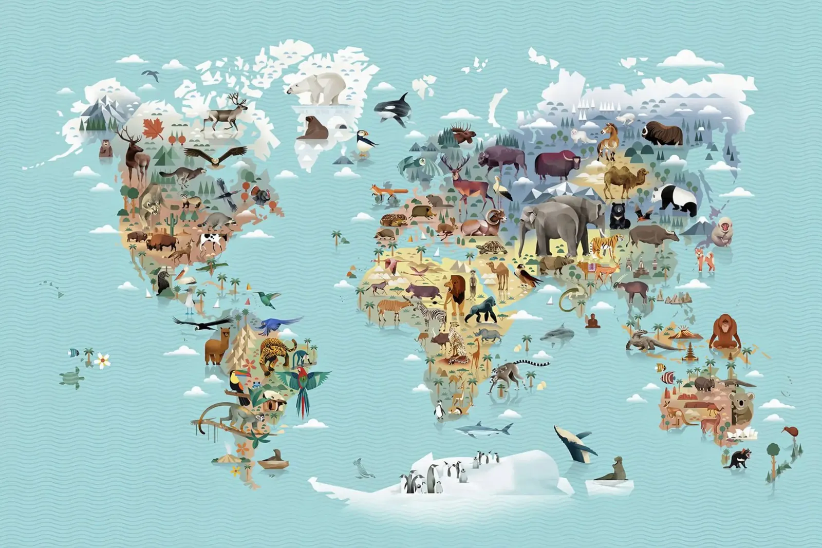 World Map of Animals canvas with Floater frame by Lyndamaps