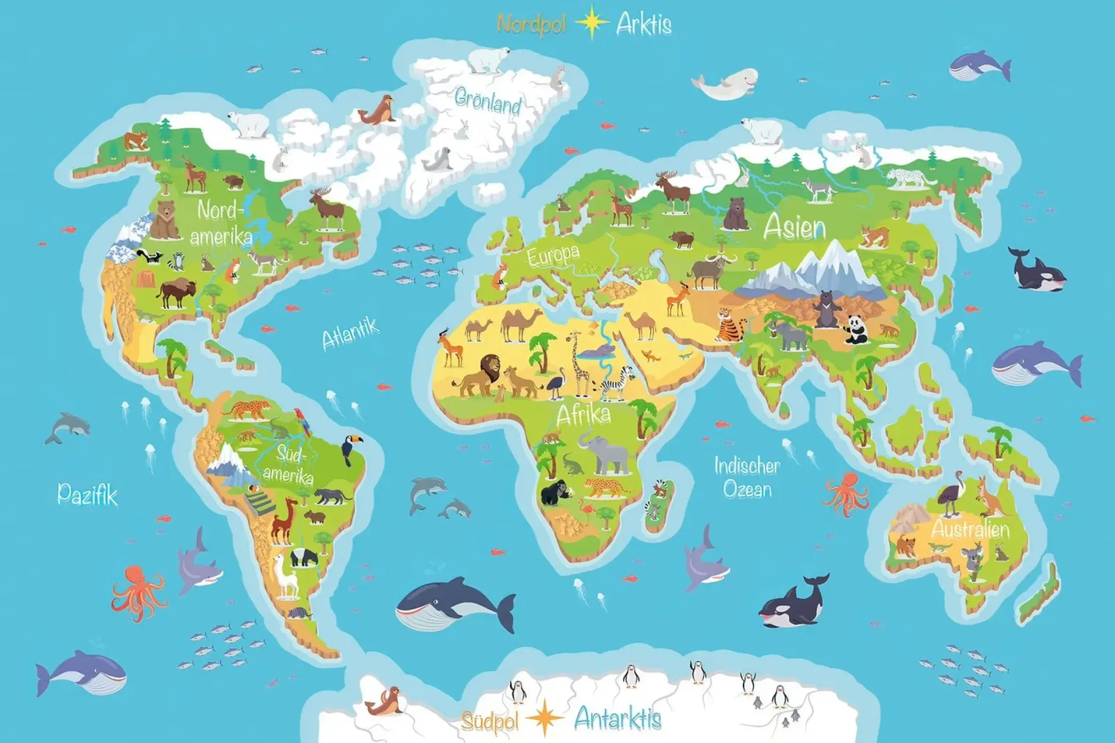 Mappa del mondo per bambini in tedesco tela con Cornice a cassetta da Lyndamaps