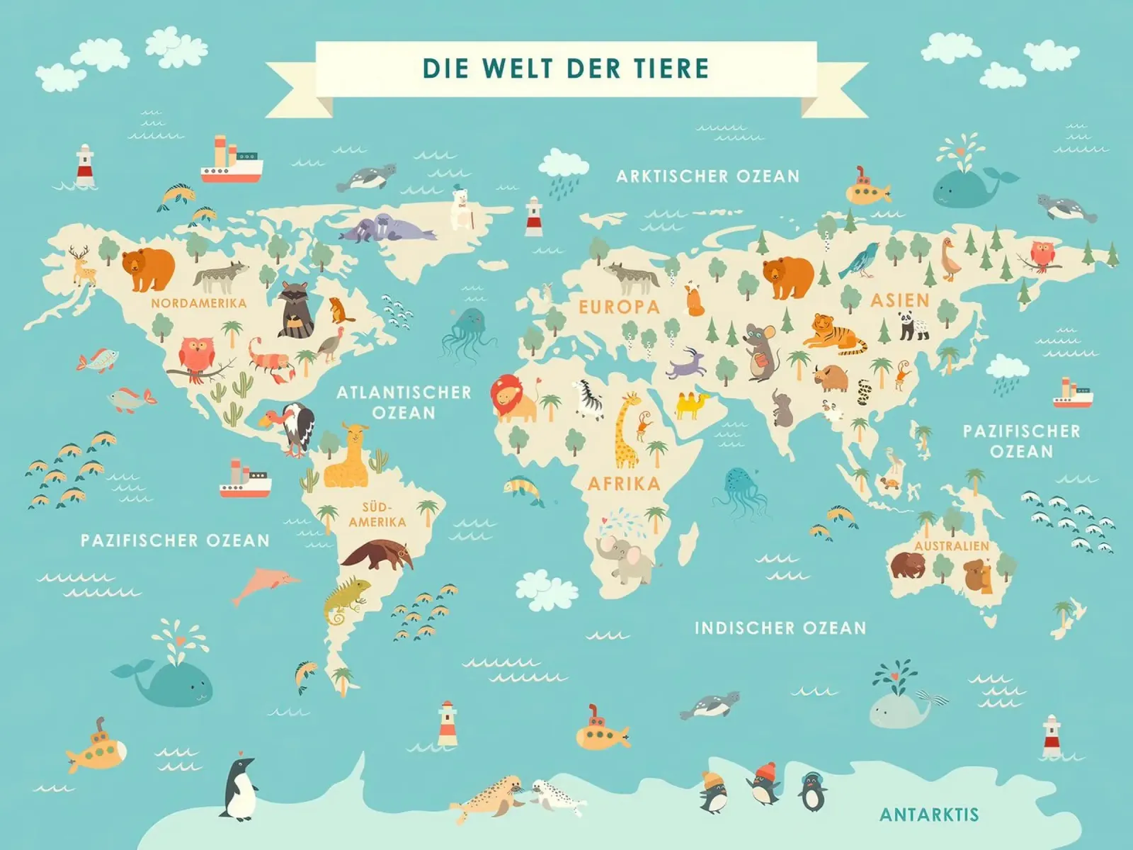 The world of animals maps German canvas with Floater frame by Lyndamaps