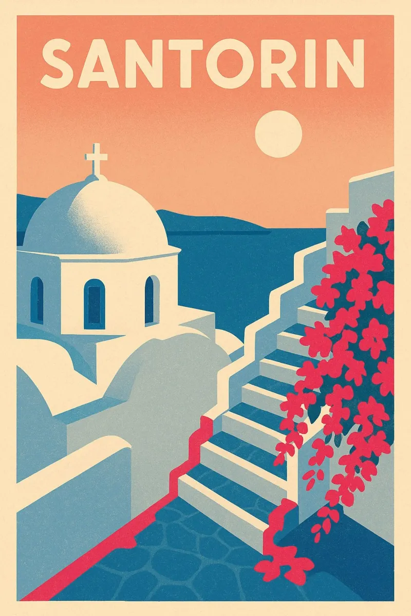 Santorini poster - Retro poster of white houses canvas with Floater frame by JETLAG | affiches voyage