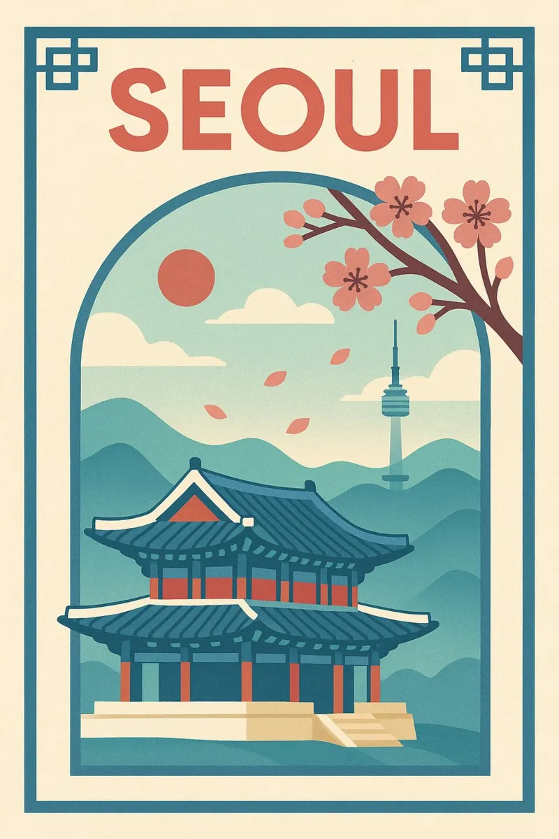 Poster di Seul - Poster d'epoca del palazzo e degli alberi di ciliegio poster con telaio in plastica da JETLAG | affiches voyage