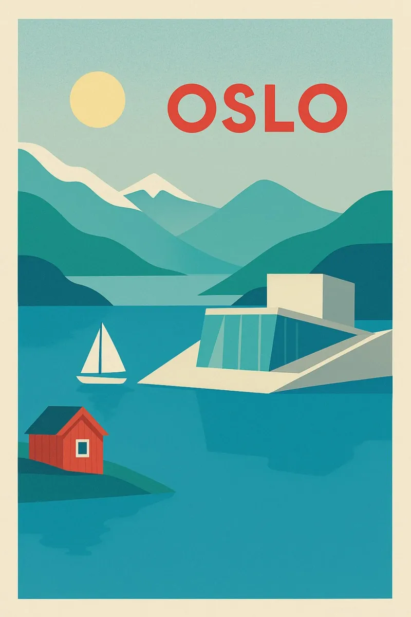 Oslo poster - Retro poster of the fjords and the modern opera house canvas with Floater frame by JETLAG | affiches voyage