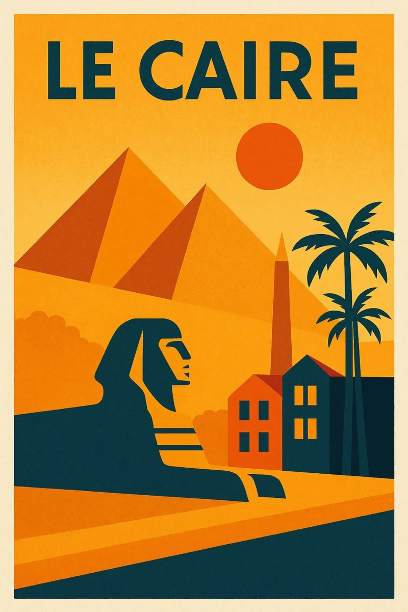 Cairo poster - Retro poster of the pyramids and the sphinx canvas with Floater frame by JETLAG | affiches voyage