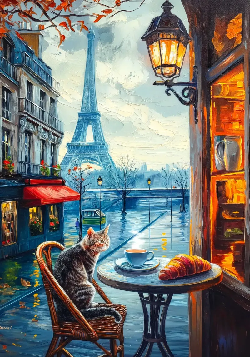 Parisian Cat with Coffee and Croissant canvas with Floater frame by Fleur de Lys