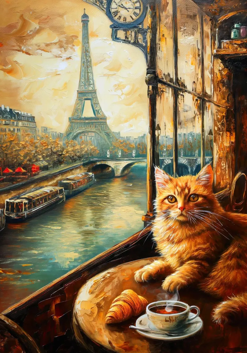 Parisian Cat with Coffee and Croissant canvas with Floater frame by Fleur de Lys