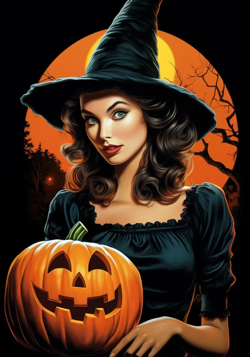 Strega e zucca di Halloween vintage retrò tela con Cornice a cassetta da Fleur de Lys