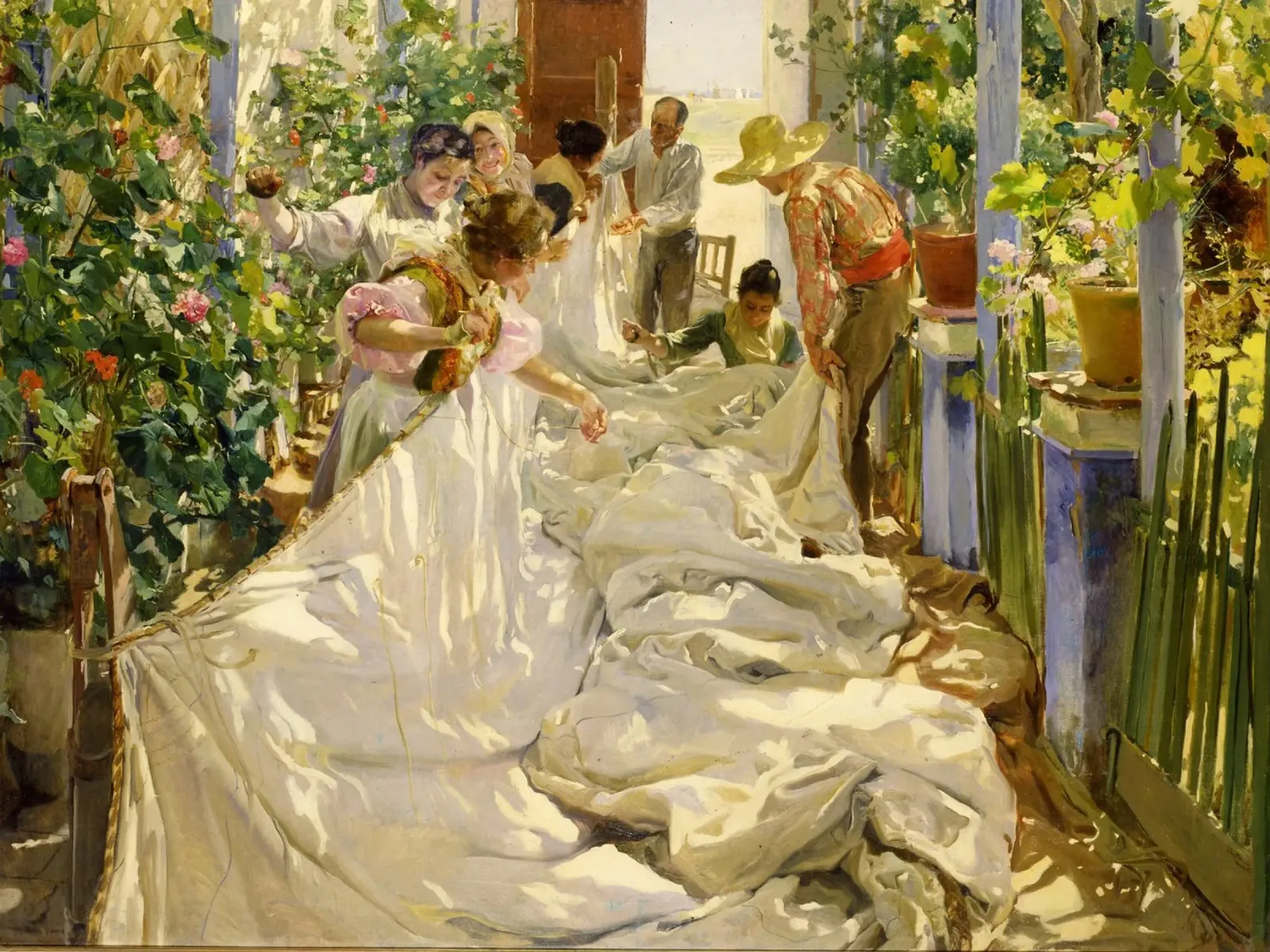 Joaquín Sorolla y Bastida - Cucire la vela (1896) poster con telaio in plastica da Venus Art