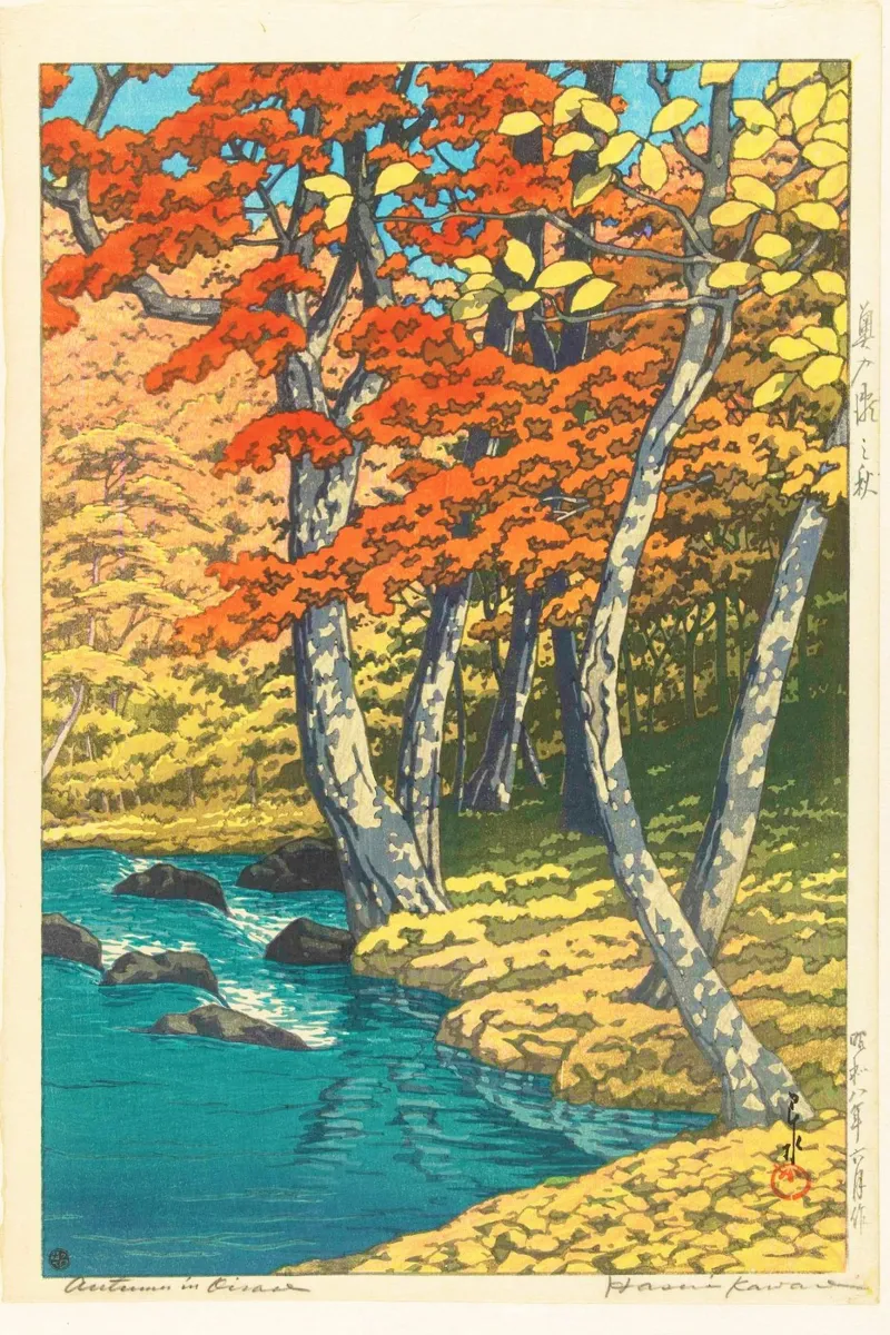 Hasui Kawase - Herfst in Oirase (Autumn in Oirase canvas with Floater frame by Venus Art
