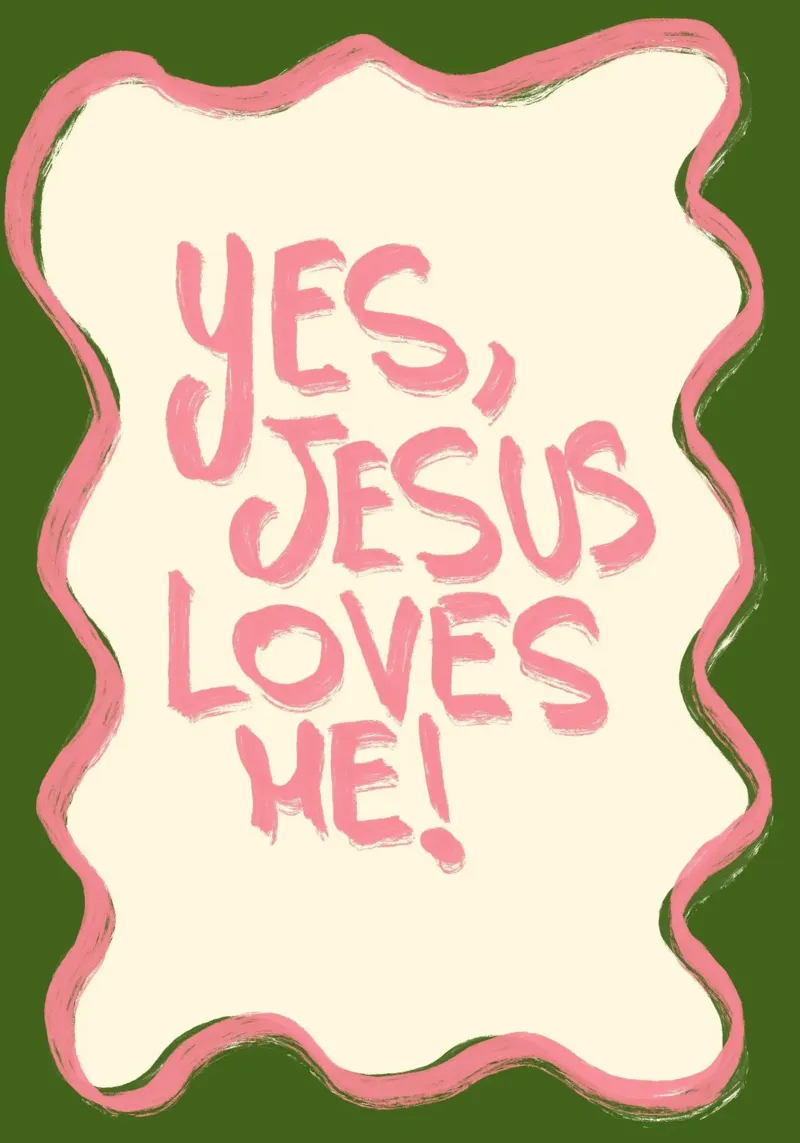 Oui Jésus m'aime, art chrétien rose et vert poster de vintagepod