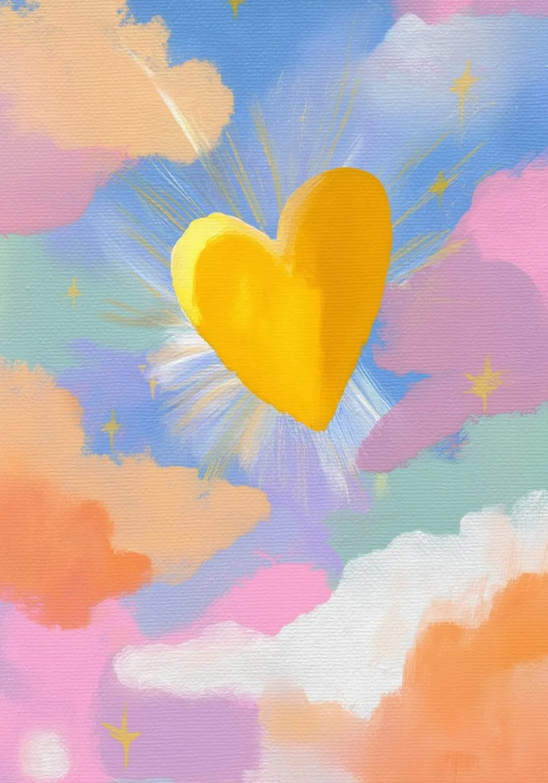 Golden Heart in Pastel Clouds, Abstract Art Print canvas with Floater frame by vintagepod