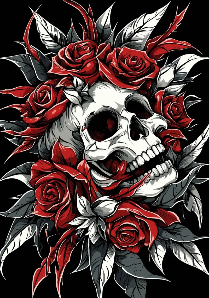 Skull with roses and thorns canvas with Floater frame by pixelbull - medieval art and more