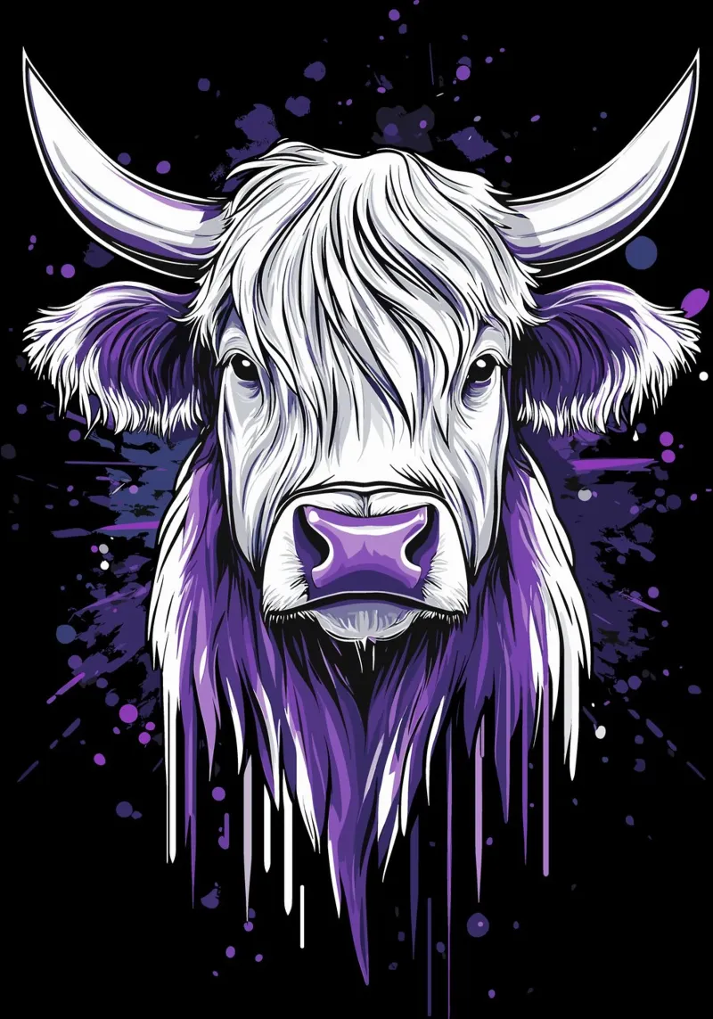 Vache Highland avec une note violette toile avec Caisse américaine de pixelbull - medieval art and more