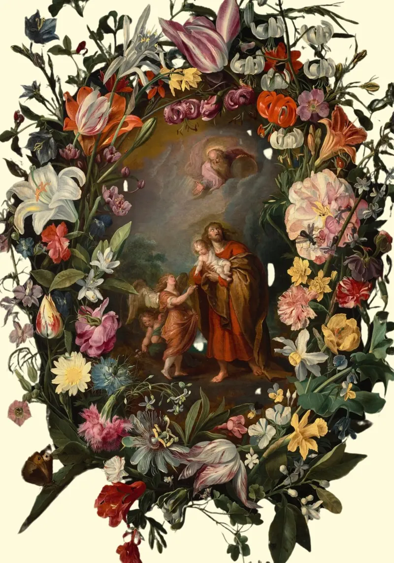 Gesù e angeli in una corona floreale, Arte classica tela con Cornice a cassetta da vintagepod
