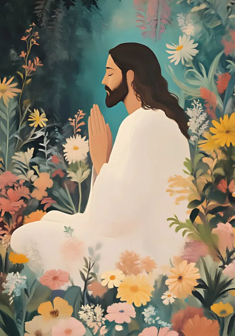 Jezus Mediterend in een Tuin, Moderne Spirituele Kunst canvas met Baklijst van vintagepod