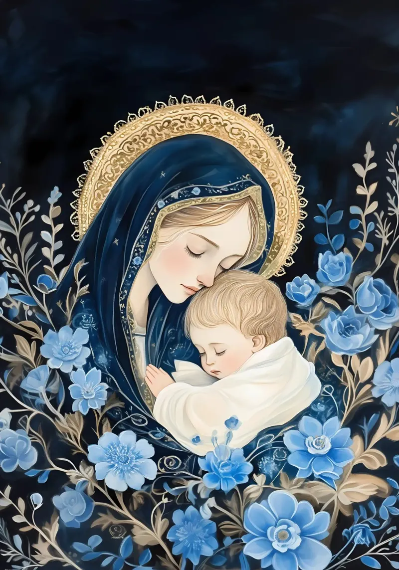 Madonna en Kind, Blauw Bloemige Spirituele Kunstdruk canvas met Baklijst van vintagepod