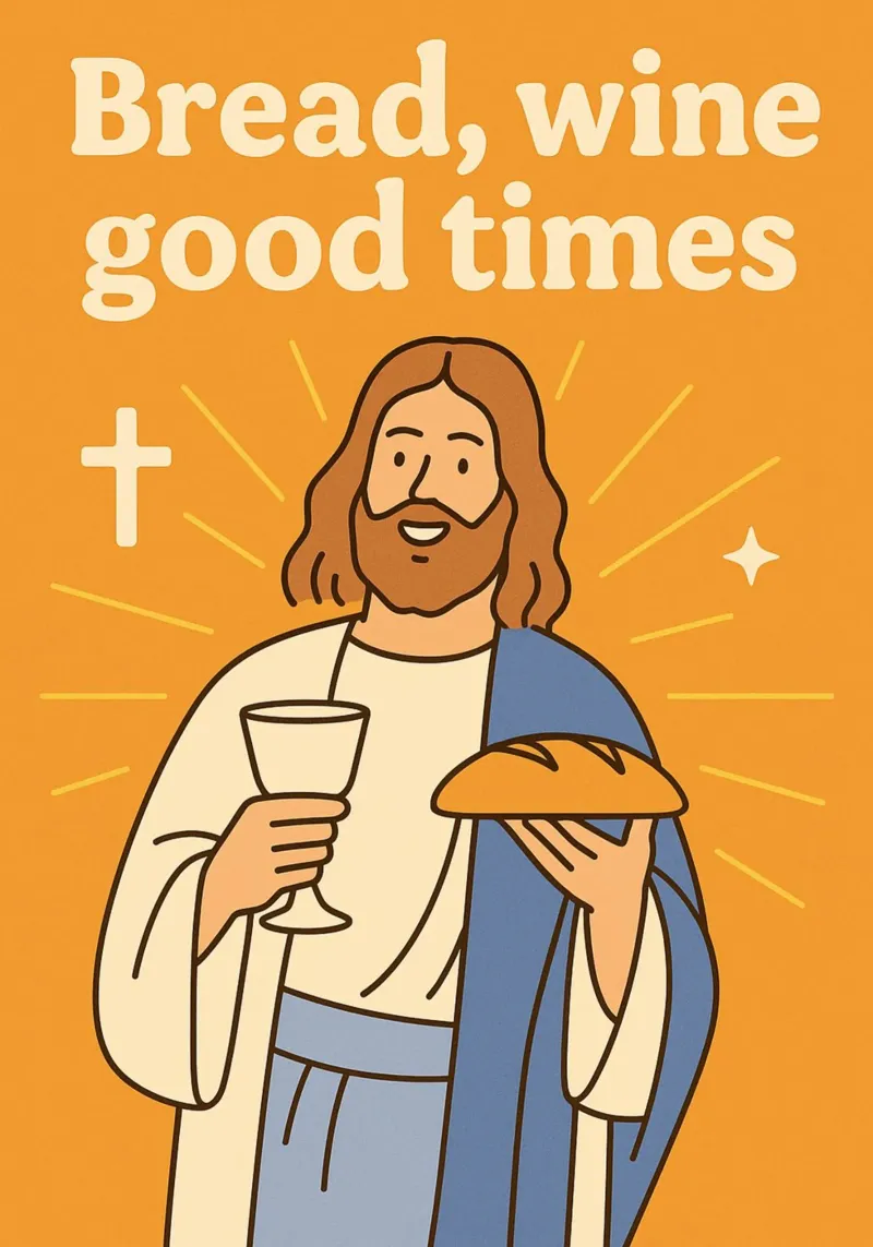 Bread, Wine, Good Times, Funny Jesus Art Print canvas with Floater frame by vintagepod
