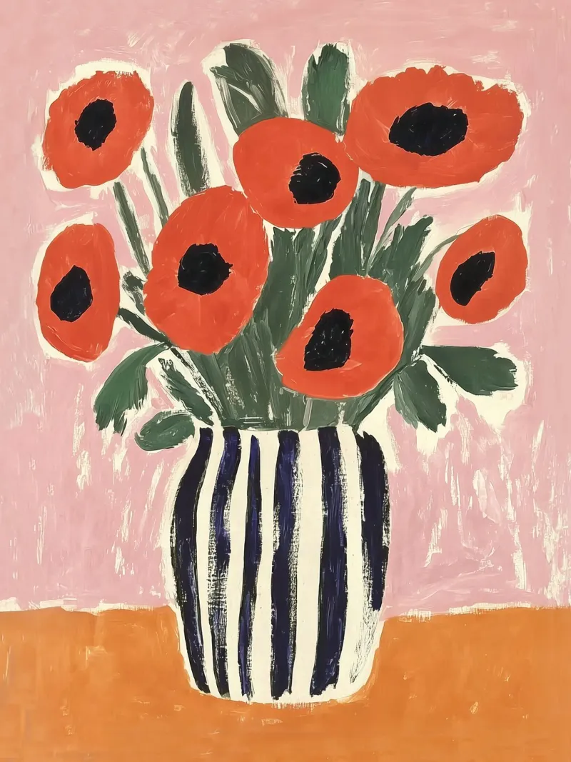Vintage klaprozen in vaas Boho Bloemig Impressionistisch Muurschilderij canvas met Baklijst van Gentle Echoes Art