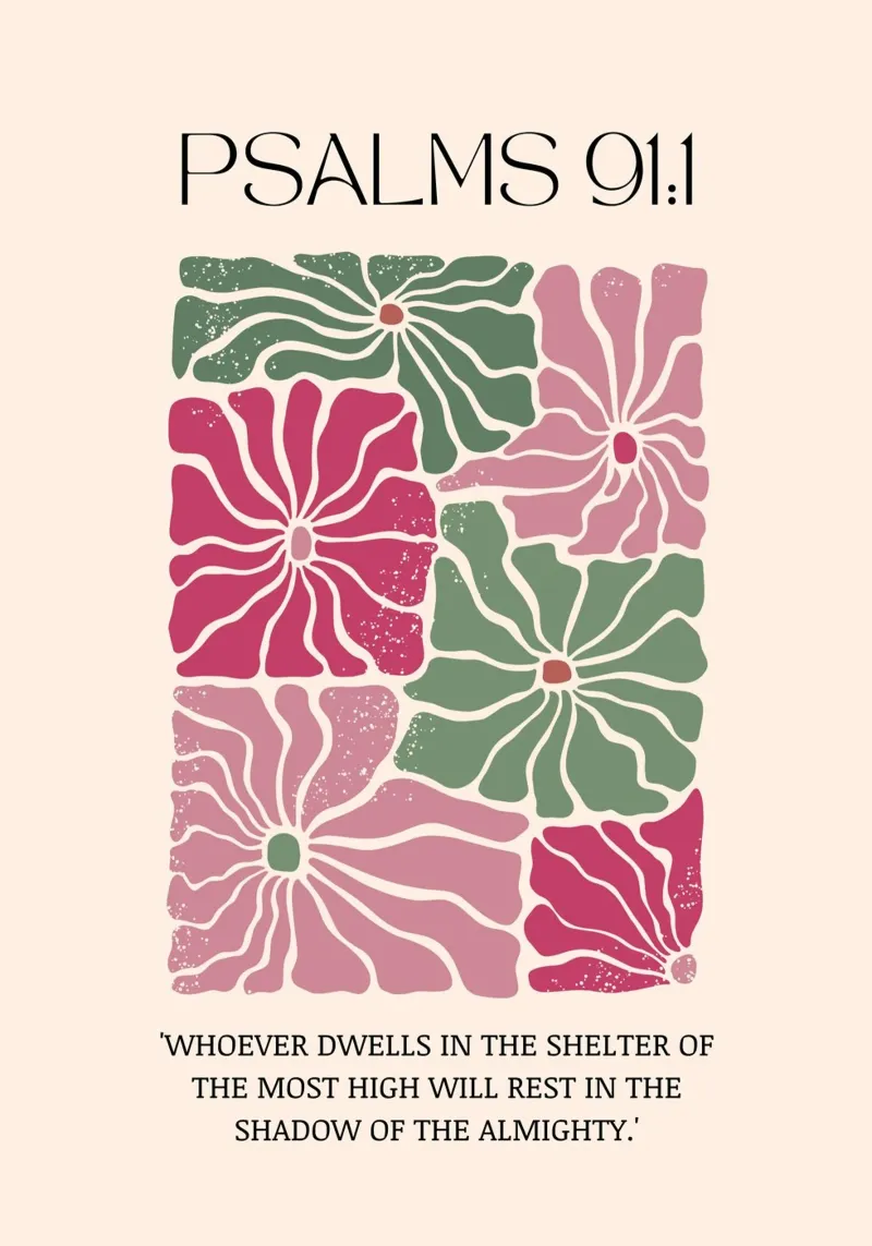 Psalmen 91:1 Bloemsierkunst, Spirituele Vrede Print canvas met Baklijst van vintagepod