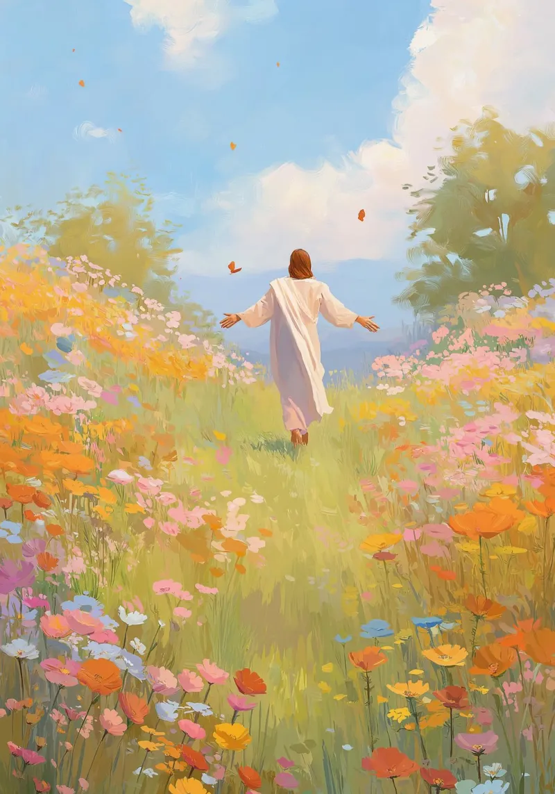 Jesus in a Meadow, Spiritual Freedom and Joy canvas with Floater frame by vintagepod
