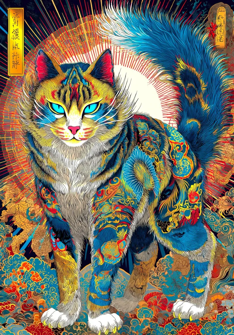 Gatto Ukiyo-e tela con Cornice a cassetta da Fleur de Lys