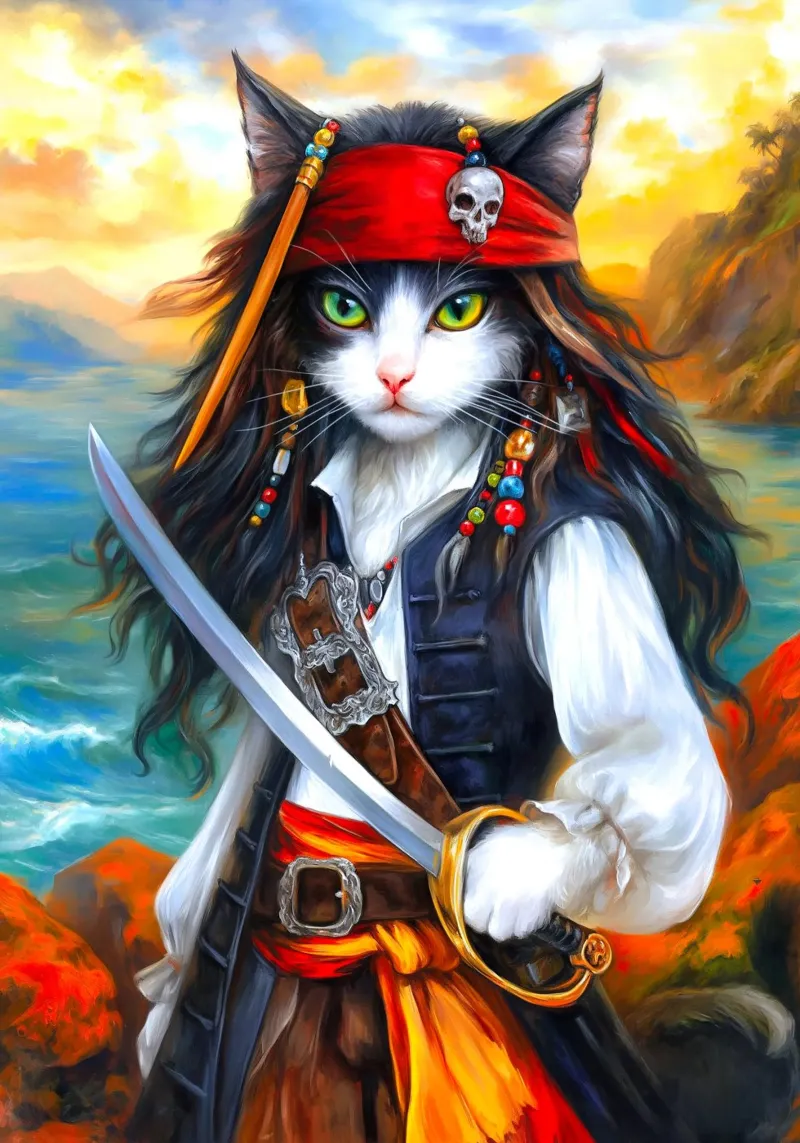 Pirati Capitan Cat poster con telaio in legno da Fleur de Lys
