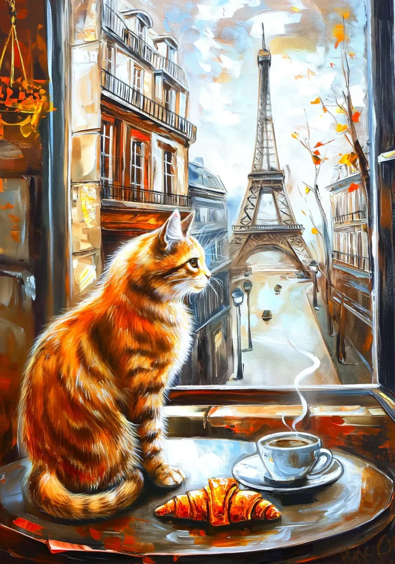 Parisian Cat with Coffee and Croissant canvas with Floater frame by Fleur de Lys