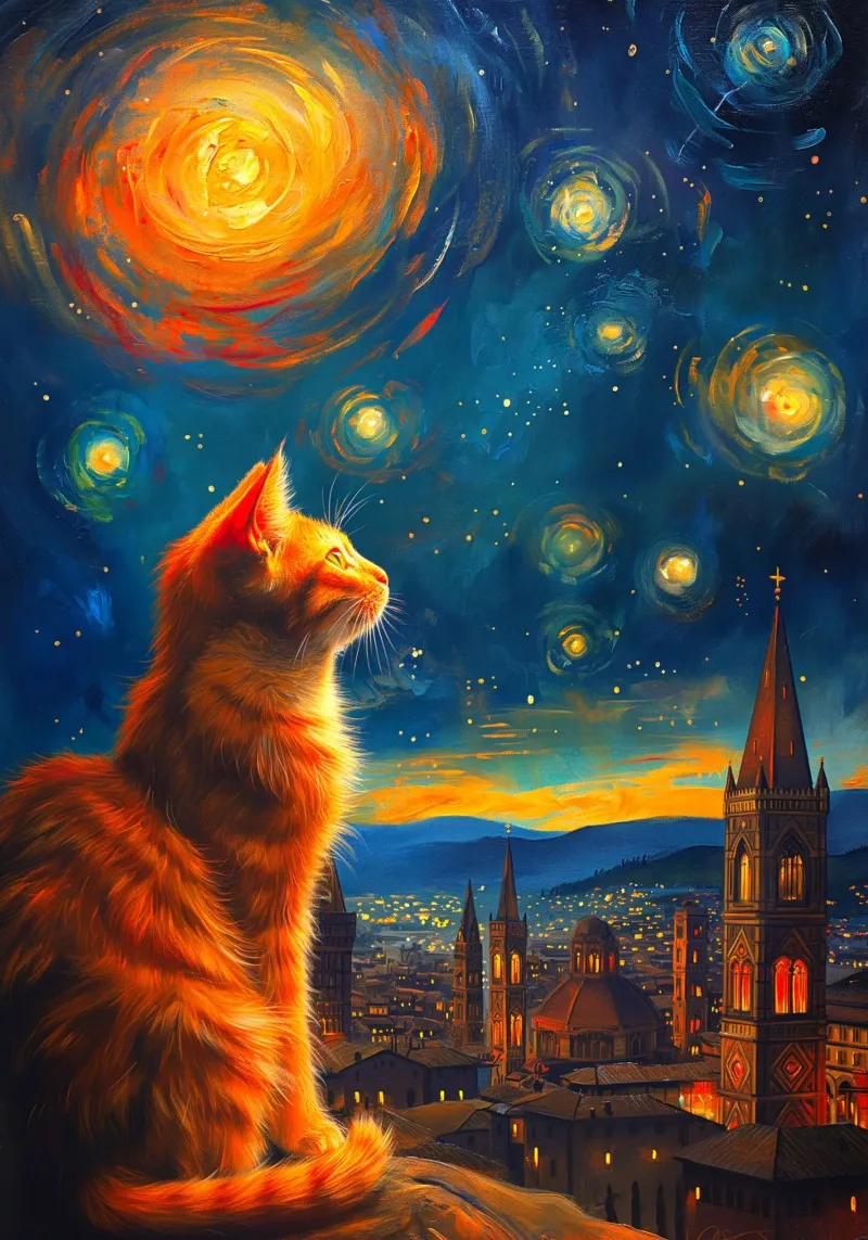 Gatto Firenze Notte Stellata tela con Cornice a cassetta da Fleur de Lys