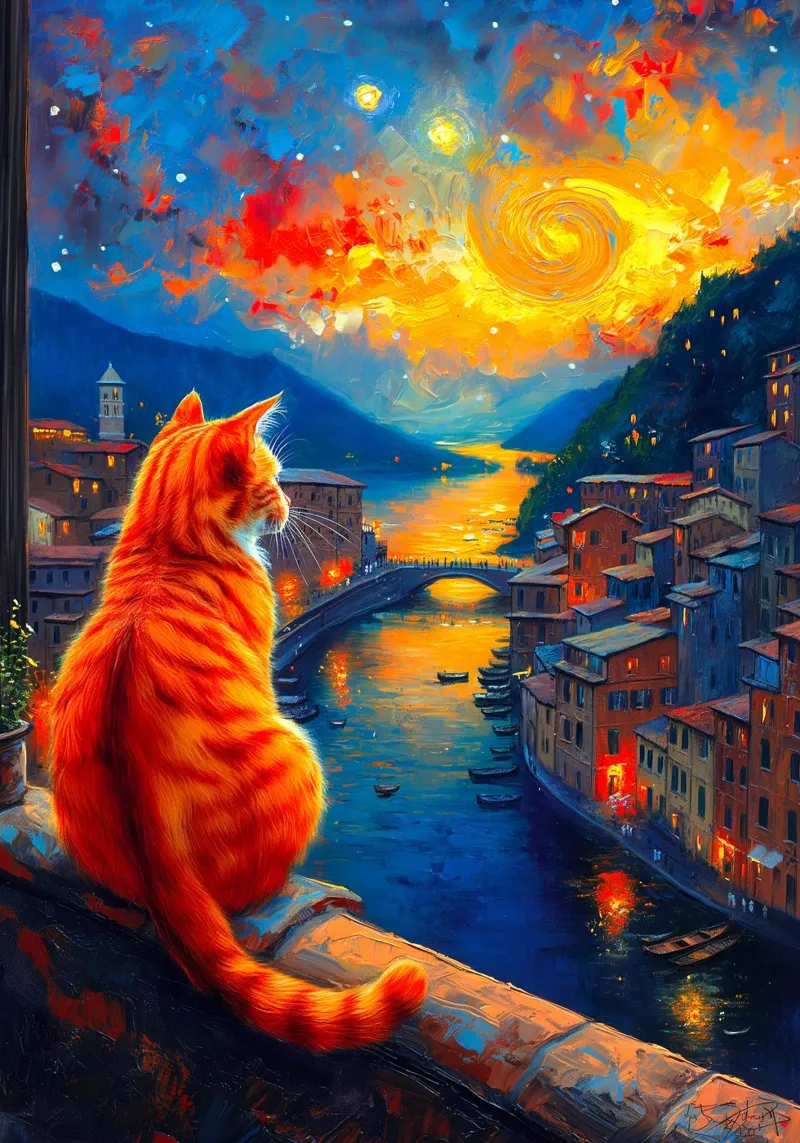 Gatto Notte Stellata tela con Cornice a cassetta da Fleur de Lys