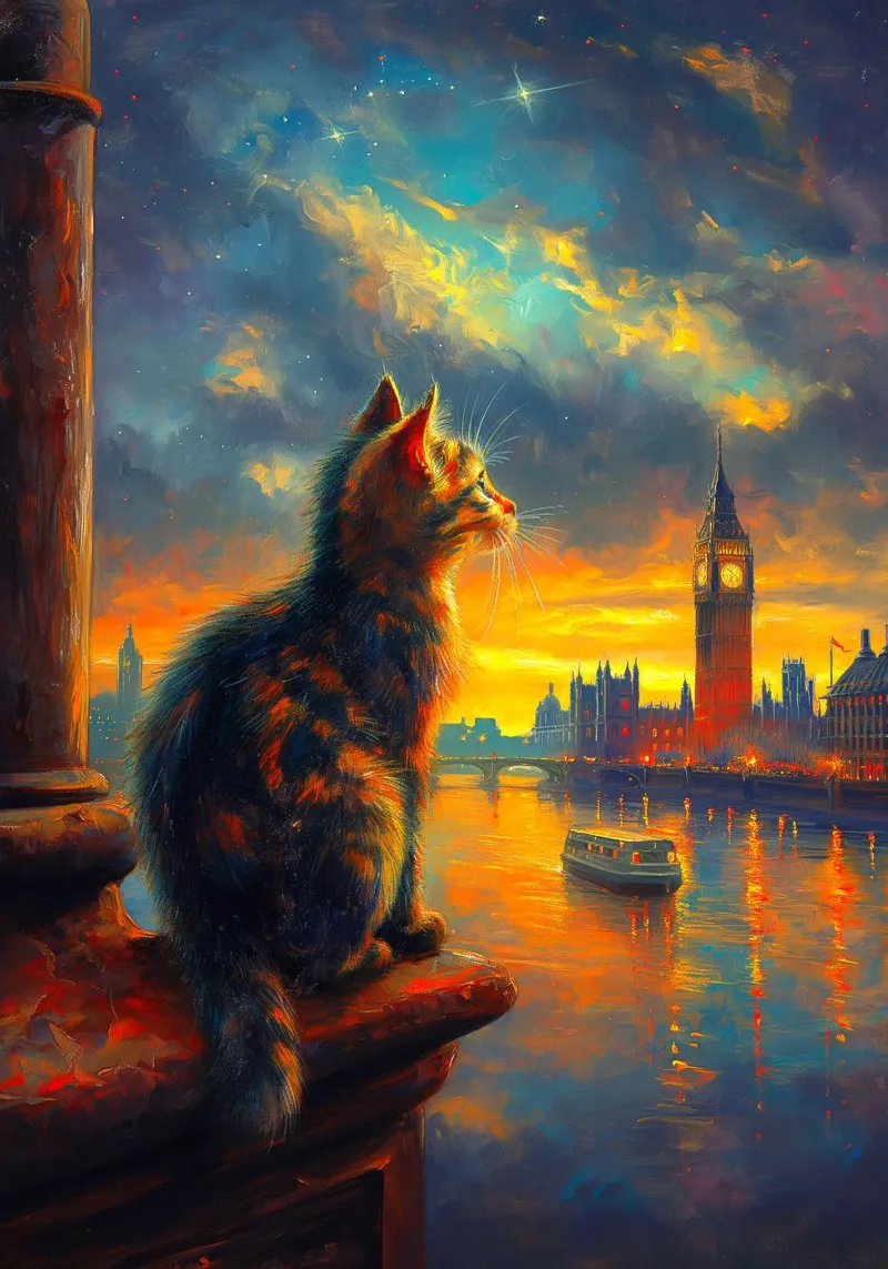 Gatto della notte stellata di Londra tela con Cornice a cassetta da Fleur de Lys
