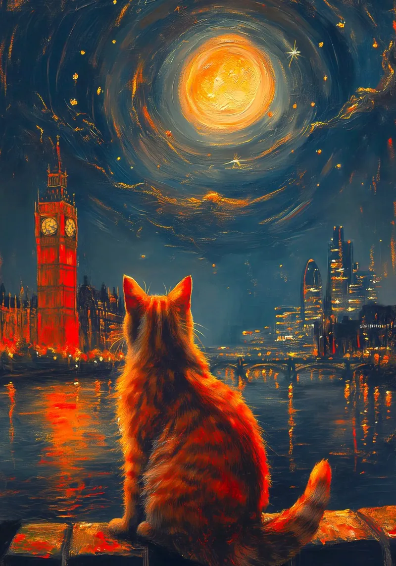 Gatto della notte stellata di Londra tela con Cornice a cassetta da Fleur de Lys