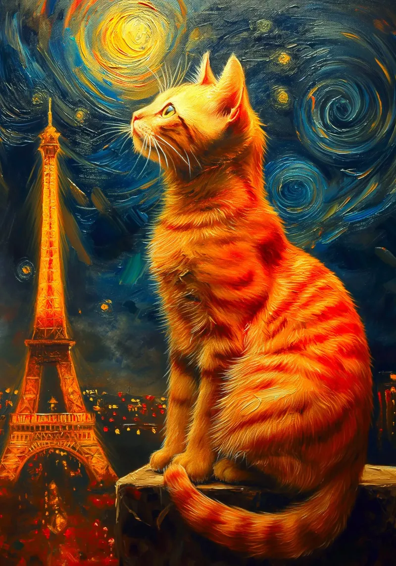 Gatto parigino Notte stellata tela con Cornice a cassetta da Fleur de Lys