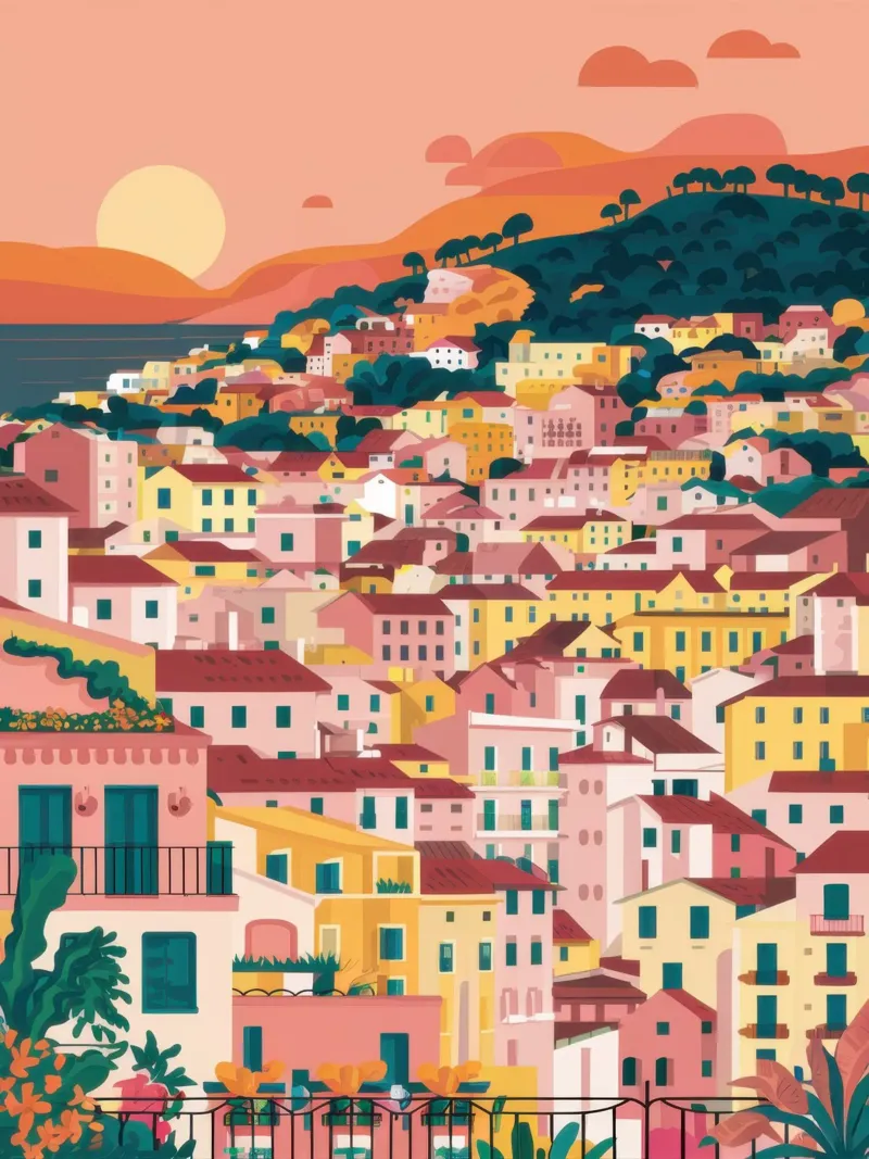 Tramonto sulla città collinare poster da Wish Studio