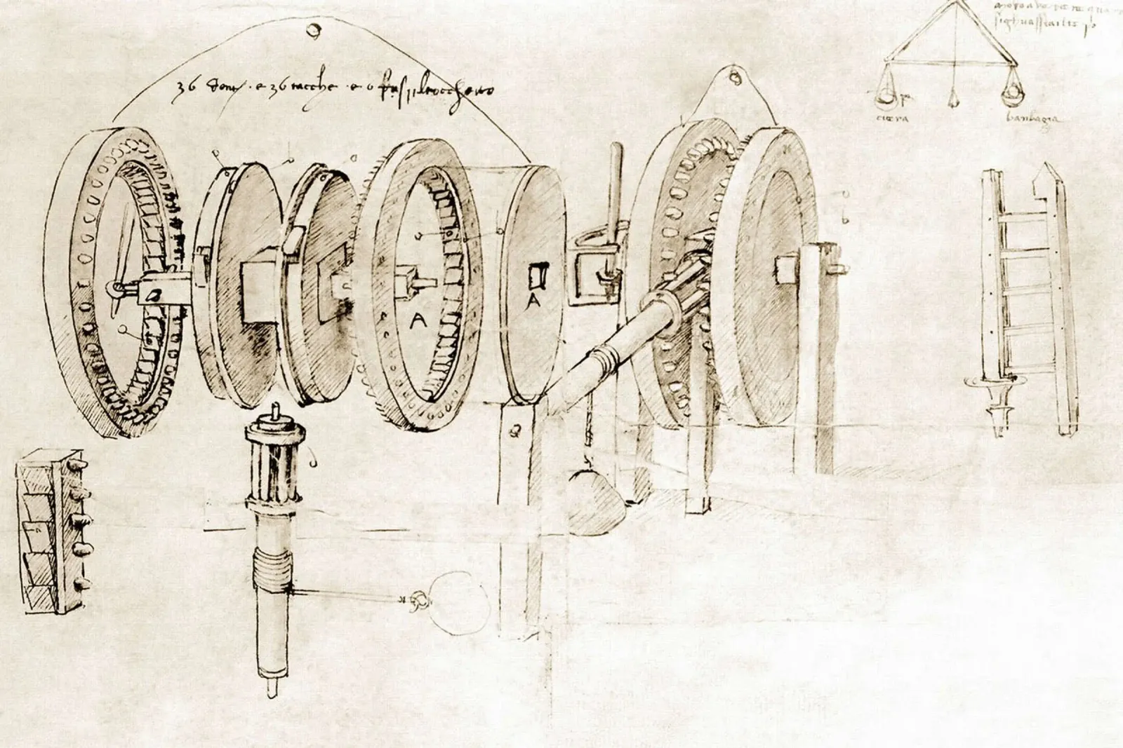 Mechanisch ontwerp door Leonardo da Vinci canvas met Baklijst van James McIntosh