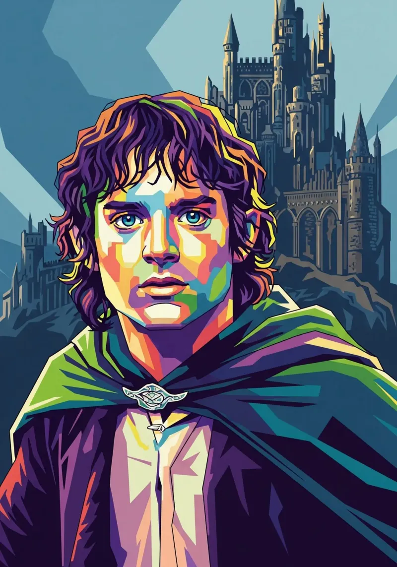 Il Signore degli Anelli - Ritratto pop art di Elijah Wood poster con telaio in legno da Hantamrata