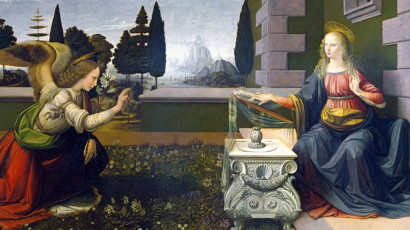 Annunciation by Leonardo da Vinci poster con telaio in plastica da James McIntosh