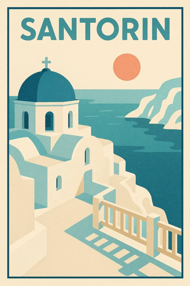 Poster d'epoca di Santorini - Fuga al tramonto poster con telaio in alluminio da JETLAG | affiches voyage