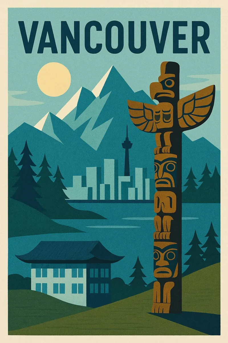 Poster d'epoca di Vancouver - Tra natura e tradizione tela con Cornice a cassetta da JETLAG | affiches voyage