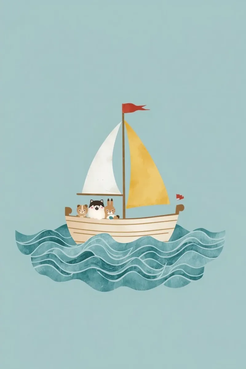 Cute Nursery Cartoon Animals in Sailboat on Waves (Animali animati in barca a vela) tela con Cornice a cassetta da DesignDoodle