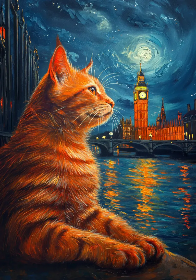 Gatto Londra Notte stellata tela con Cornice a cassetta da Stellar Creative