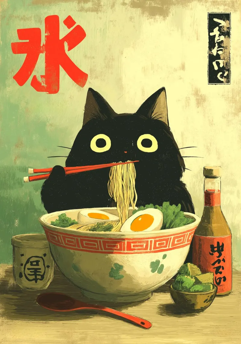 Kawaii zwarte kat die Ramen eet canvas met Baklijst van Stellar Creative