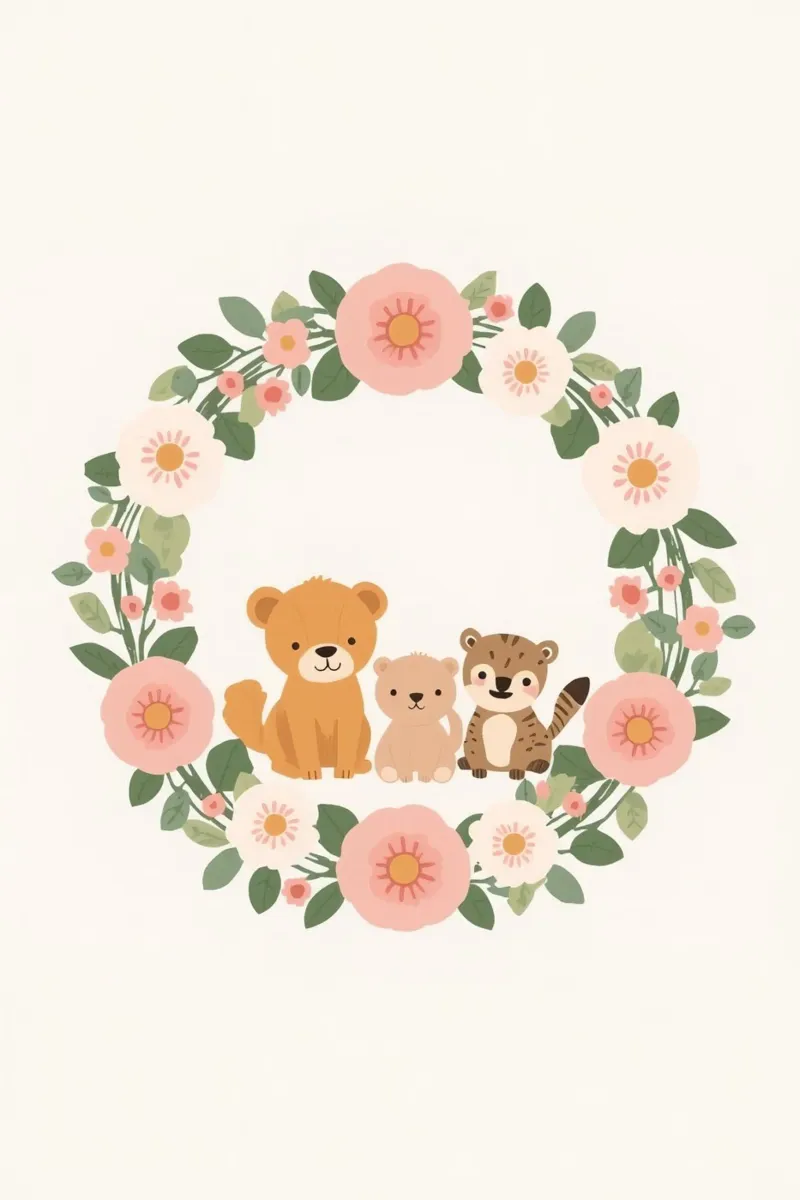 Cute Nursery Cartoon Animals Inside Floral Wreath (Animali dei cartoni animati all'interno di una corona floreale) tela con Cornice a cassetta da DesignDoodle