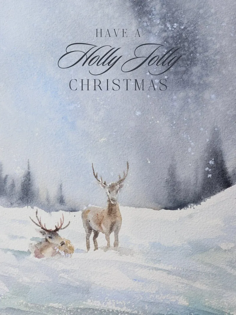 Reindeer in a winter forest with the lettering Have a Holly Jolly Chr poster by Studio Vibe