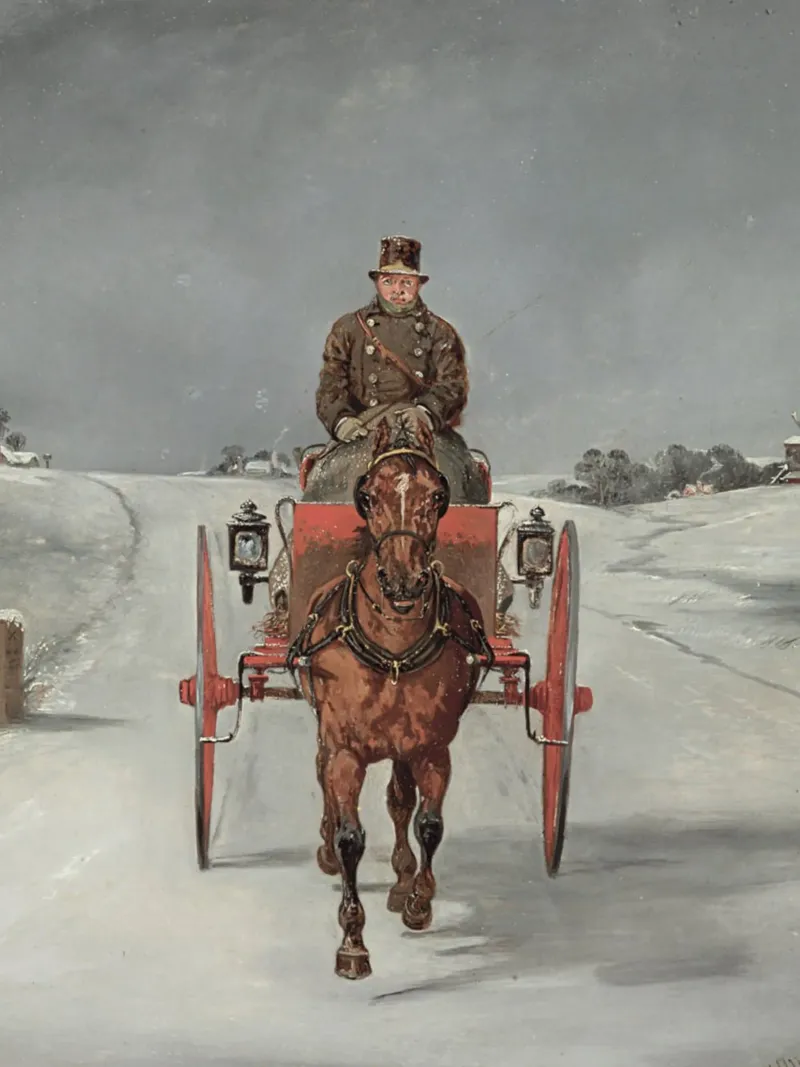 Coche de caballos en una carretera rural nevada en invierno lienzo con Marco flotante de Studio Vibe