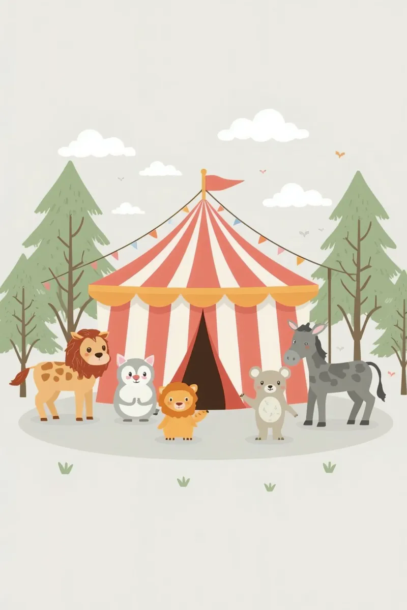 Animali dei cartoni animati fuori dal tendone del circo a strisce poster con telaio in plastica da DesignDoodle