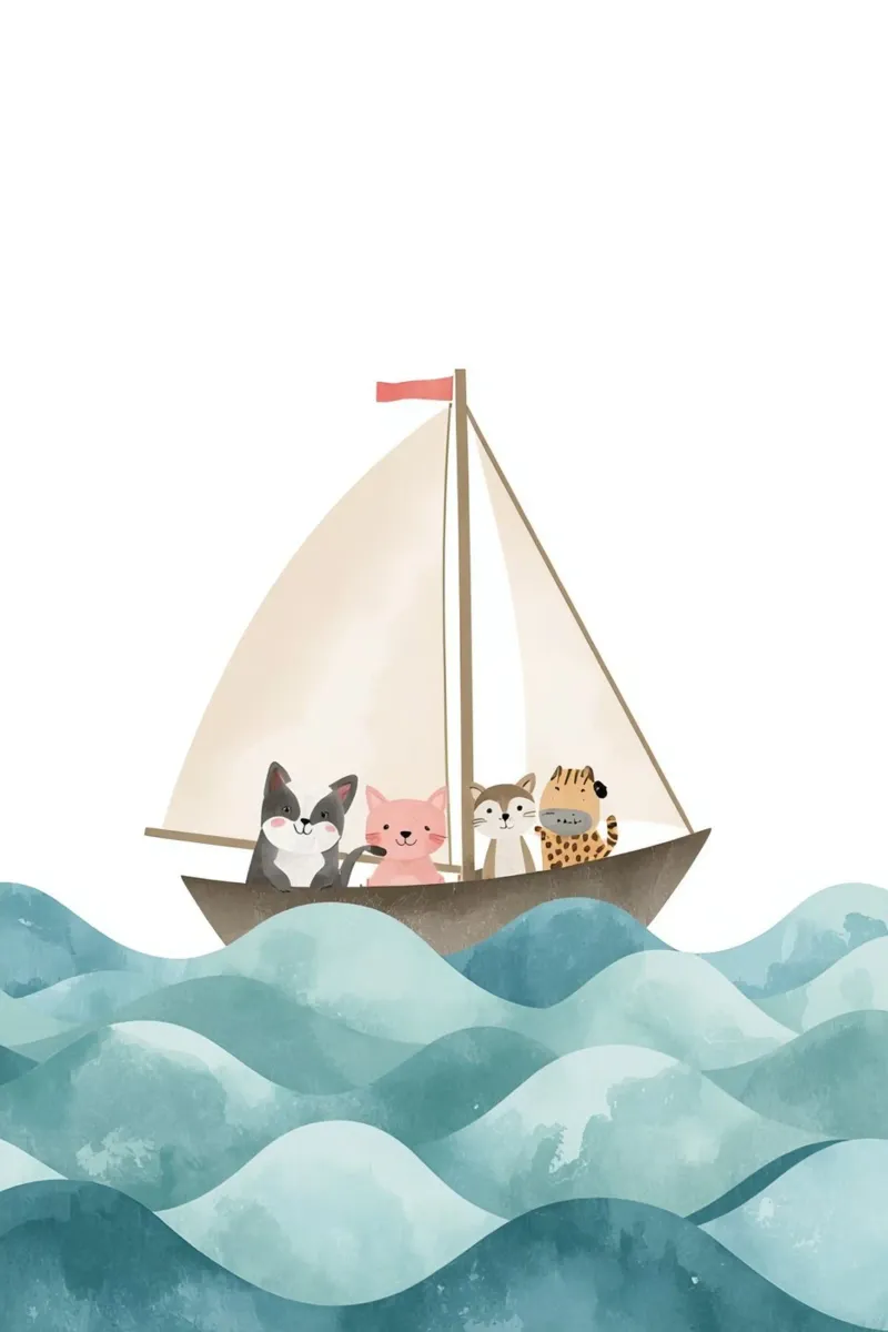 Cute Nursery Cartoon Animales navegando en barco lienzo con Marco flotante de DesignDoodle